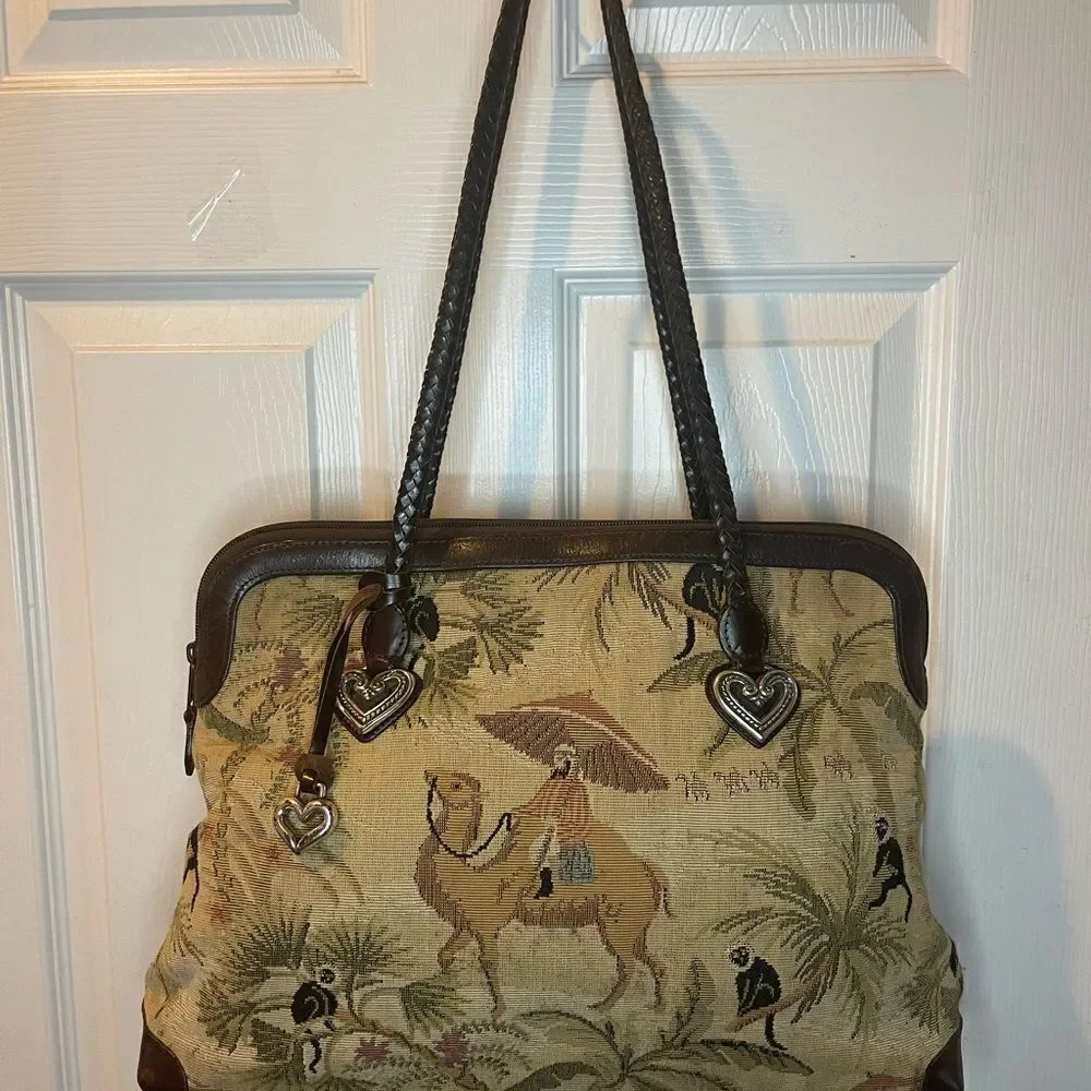 Brighton tapestry Safari prints large shoulder bag braided brown leather straps
